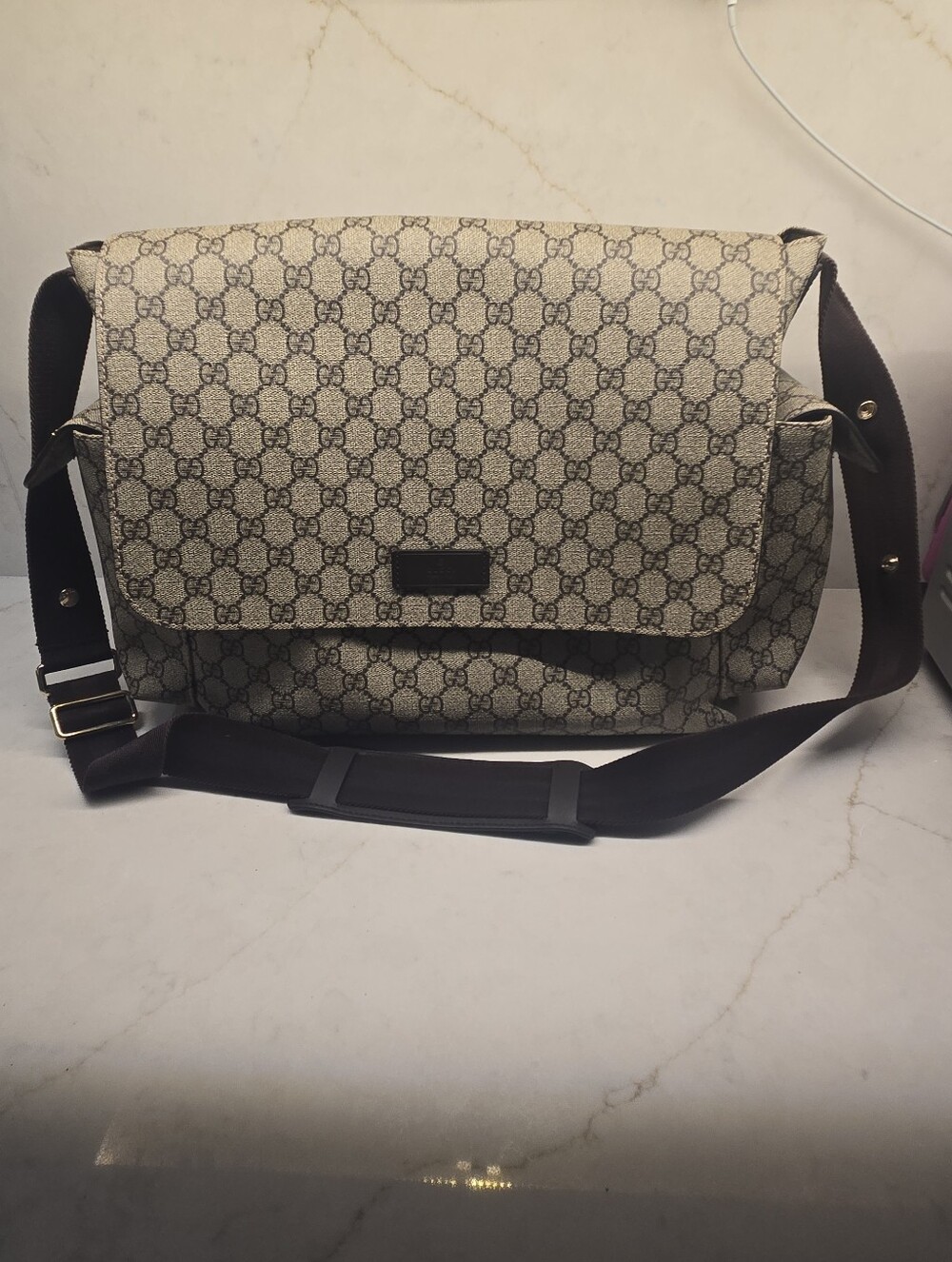 Gucci Beige Monogram Messenger Shoulder Bag with Dark Brown Strap